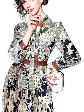 Lei Meng Five Cats Floral Patchwork Pleated Midi Dress Tie Neck Size Small